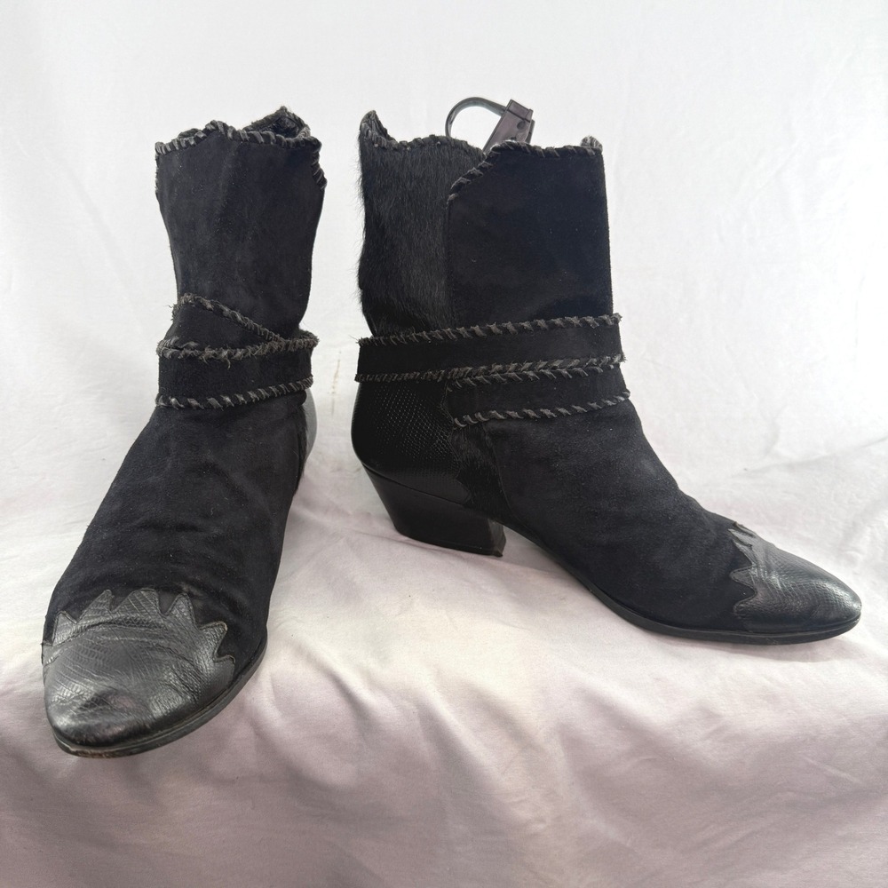 VTG Raffaele Giardini Leather Size 8 Pony Hair Western Ankle Boots Made in Italy